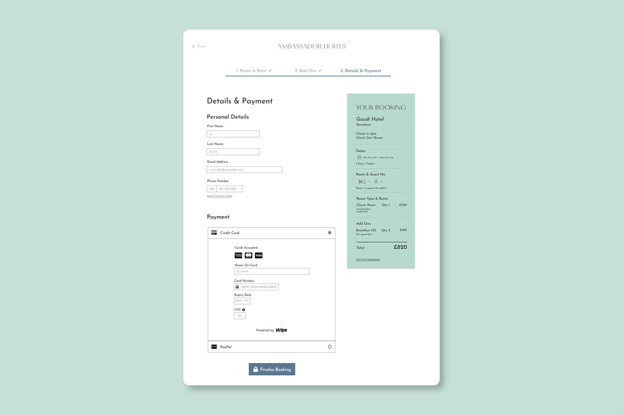 Payment page for The Ambassador Hotel